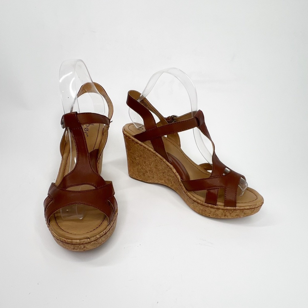 b.o.c. Born Concept Brown Leather T-Strap Cork Wedge Sandals Comfort Strappy 10